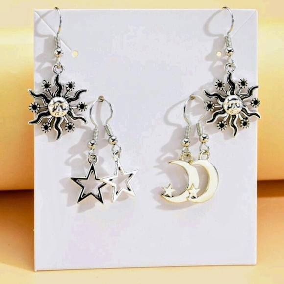 Silver Sun, Moon, and Star Earrings Set - Picture 2 of 4